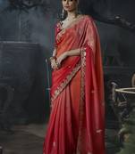 Multicolor tissue silk blend embroidered saree with crimson red blouse
