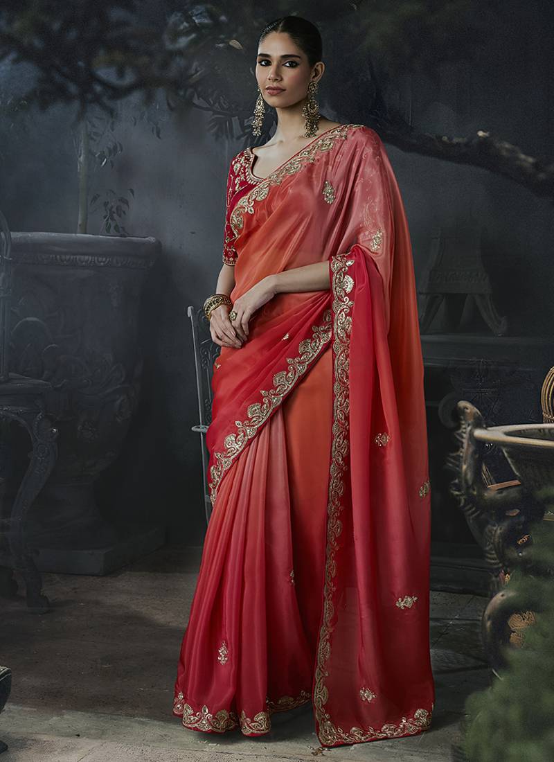 Multicolor tissue silk blend embroidered saree with crimson red blouse