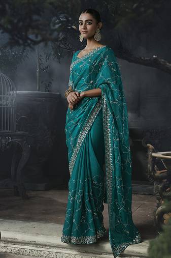 Teal blue tissue silk blend embroidered saree with blouse
