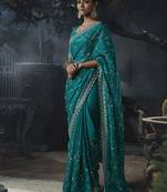 Teal blue tissue silk blend embroidered saree with blouse