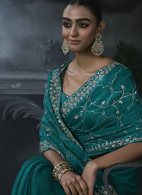 Teal blue tissue silk blend embroidered saree with blouse 2