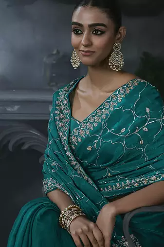 Teal blue tissue silk blend embroidered saree with blouse