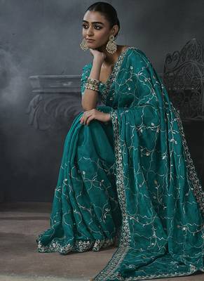 Teal blue tissue silk blend embroidered saree with blouse 3