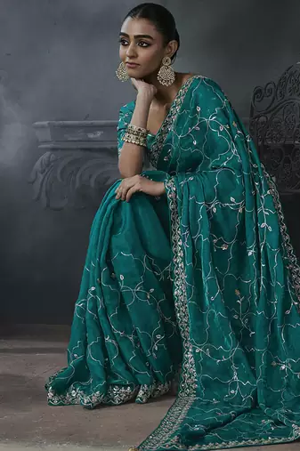 Teal blue tissue silk blend embroidered saree with blouse