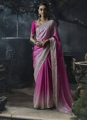 Baby pink and magenta pink tissue silk blend embroidered saree with blouse 1