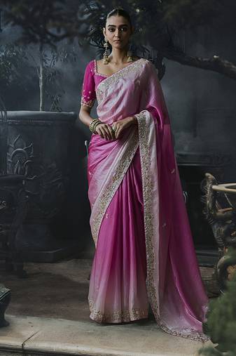 Baby pink and magenta pink tissue silk blend embroidered saree with blouse