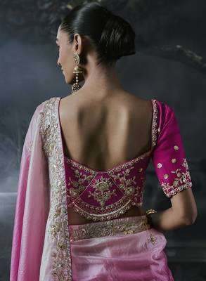 Baby pink and magenta pink tissue silk blend embroidered saree with blouse 2