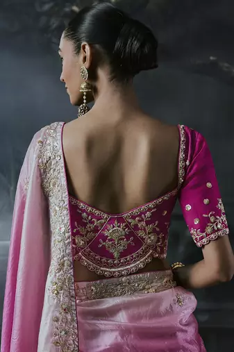 Baby pink and magenta pink tissue silk blend embroidered saree with blouse