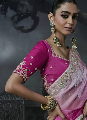 Baby pink and magenta pink tissue silk blend embroidered saree with blouse 3