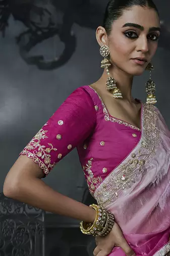 Baby pink and magenta pink tissue silk blend embroidered saree with blouse