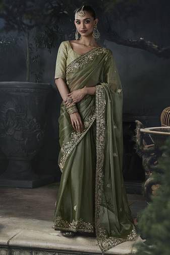 Olive green tissue silk blend embroidered saree with light olive green blouse
