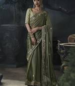 Olive green tissue silk blend embroidered saree with light olive green blouse