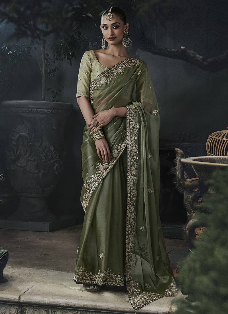 Olive green tissue silk blend embroidered saree with light olive green blouse