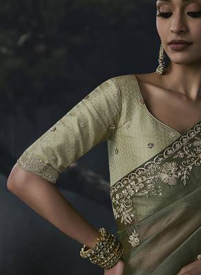 Olive green tissue silk blend embroidered saree with light olive green blouse 2