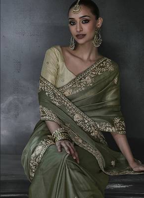 Olive green tissue silk blend embroidered saree with light olive green blouse 3
