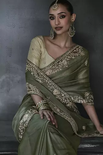 Olive green tissue silk blend embroidered saree with light olive green blouse