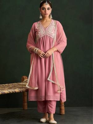 Women Floral Embroidered Empire Thread Work Kurta with Trousers & With Dupatta 1