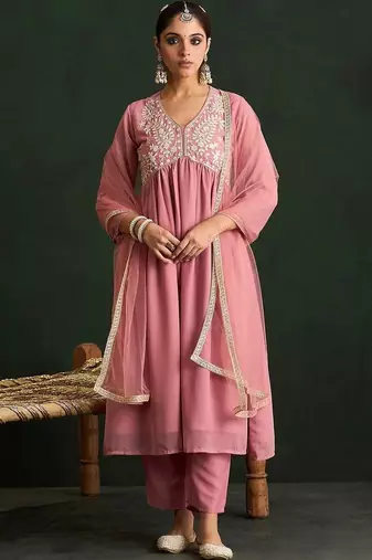 Women Floral Embroidered Empire Thread Work Kurta with Trousers & With Dupatta