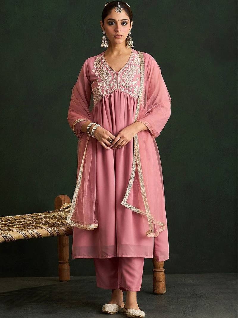 Women Floral Embroidered Empire Thread Work Kurta with Trousers & With Dupatta