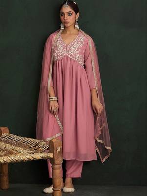 Women Floral Embroidered Empire Thread Work Kurta with Trousers & With Dupatta 4