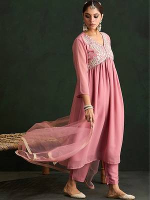 Women Floral Embroidered Empire Thread Work Kurta with Trousers & With Dupatta 5