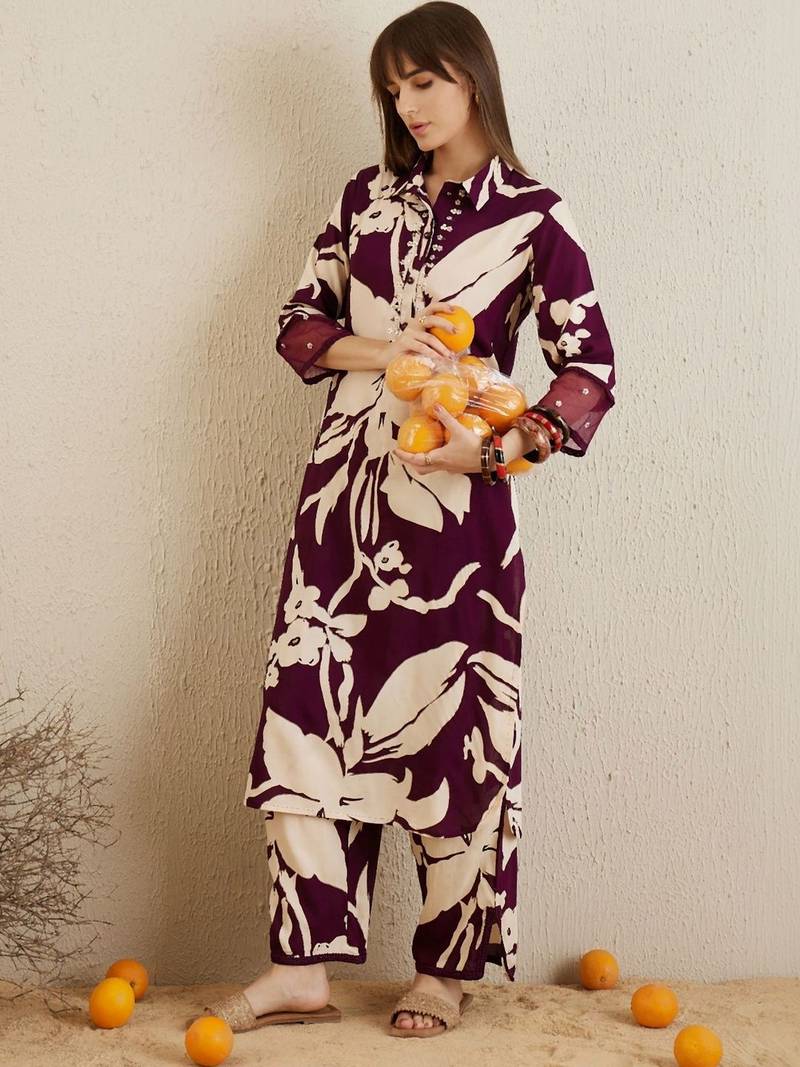 Women Floral Printed Regular Sequinned Kurta with Trousers