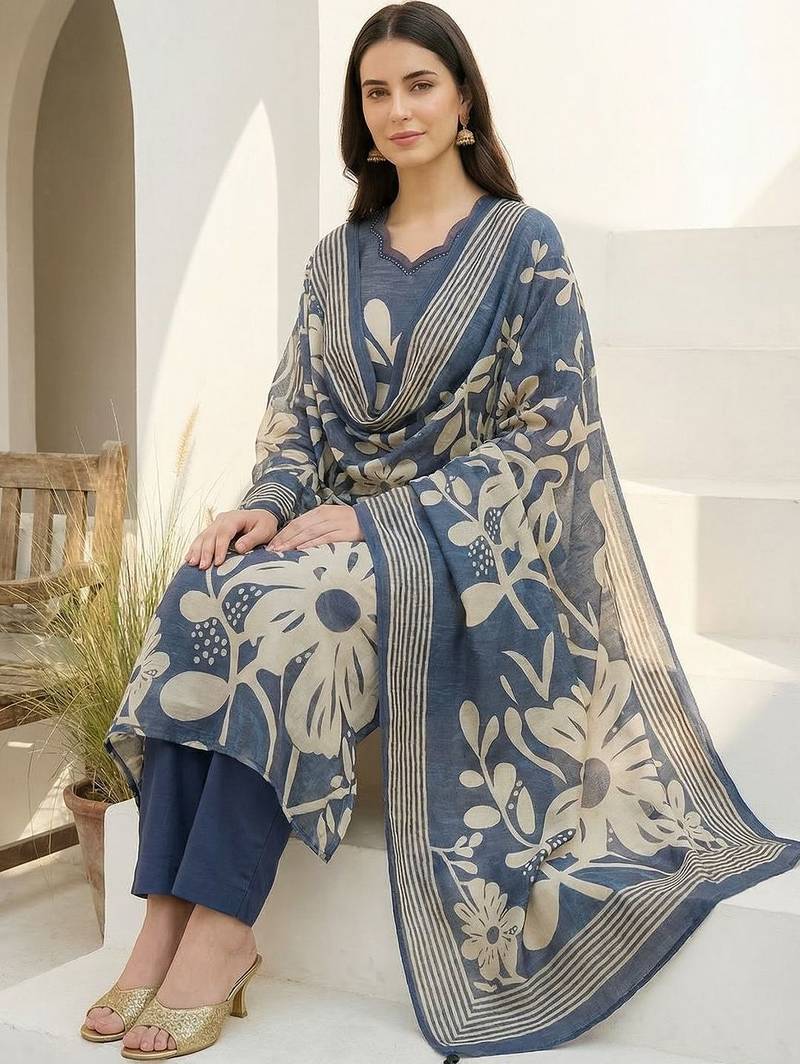Women Floral Printed Regular Beads and Stones Kurta with Trousers & With Dupatta