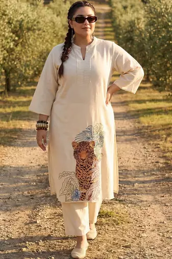 Plus Size Off White Embroidered A-Line Kurta Trousers Set