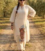 Plus Size Off White Embroidered A-Line Kurta Trousers Set