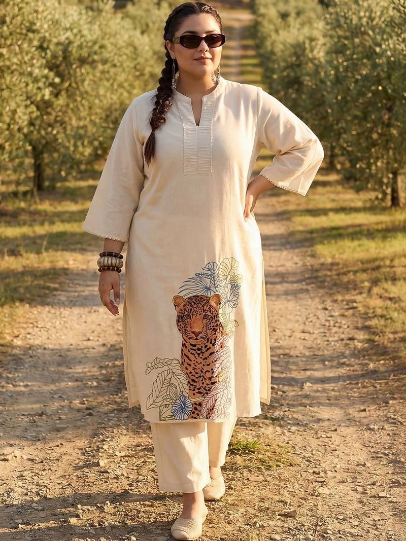Plus Size Off White Embroidered A-Line Kurta Trousers Set