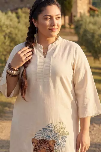 Plus Size Off White Embroidered A-Line Kurta Trousers Set