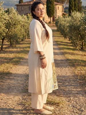 Plus Size Off White Embroidered A-Line Kurta Trousers Set 3
