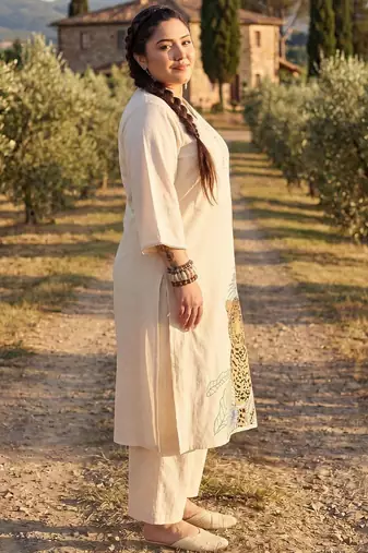 Plus Size Off White Embroidered A-Line Kurta Trousers Set