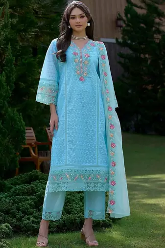 Women Floral Embroidered Regular Thread Work Pure Cotton Kurta with Trousers & With Dupatta