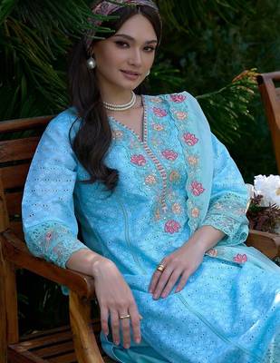Women Ethnic Motifs Embroidered Regular Thread Work Pure Cotton Kurta with Trousers & With Dupatta 3