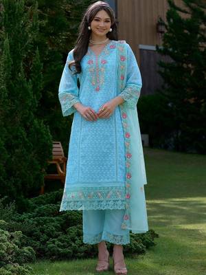 Women Ethnic Motifs Embroidered Regular Thread Work Pure Cotton Kurta with Trousers & With Dupatta 4