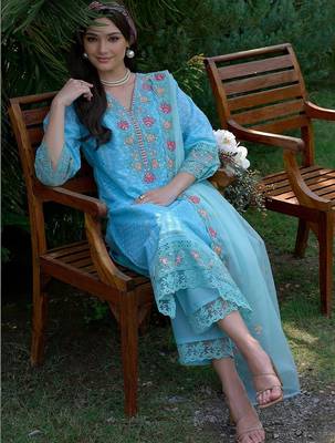 Women Ethnic Motifs Embroidered Regular Thread Work Pure Cotton Kurta with Trousers & With Dupatta 5