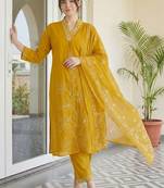 Women Floral Embroidered Regular Thread Work Pure Cotton Kurta with Trousers & With Dupatta