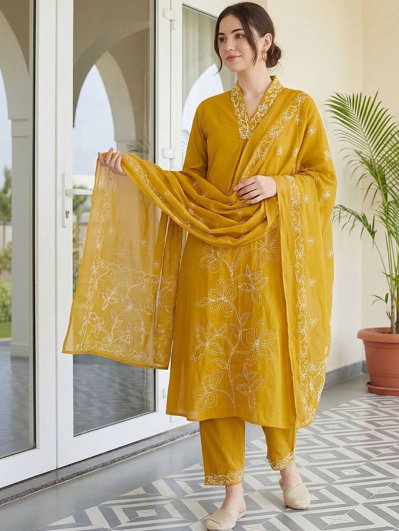 Women Floral Embroidered Regular Thread Work Pure Cotton Kurta with Trousers & With Dupatta