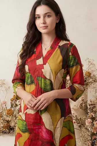 Women Printed Pleated Pure Cotton Kurta with Trousers
