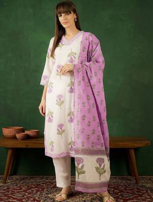 Women Floral Printed Regular Thread Work Pure Cotton Kurta with Trousers & With Dupatta 2