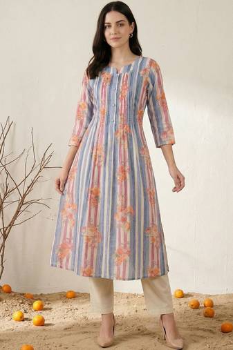 Women Printed Regular Beads and Stones  Cotton Kurta with Trousers