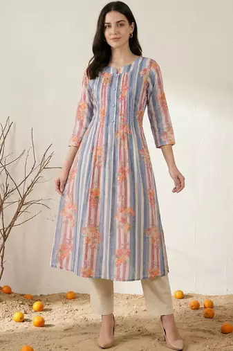 Women Printed Regular Beads and Stones Pure Cotton Kurta with Trousers