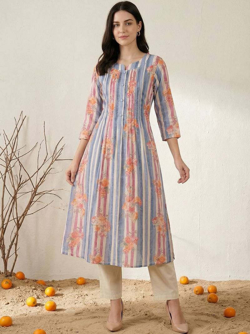 Women Printed Regular Beads and Stones Pure Cotton Kurta with Trousers