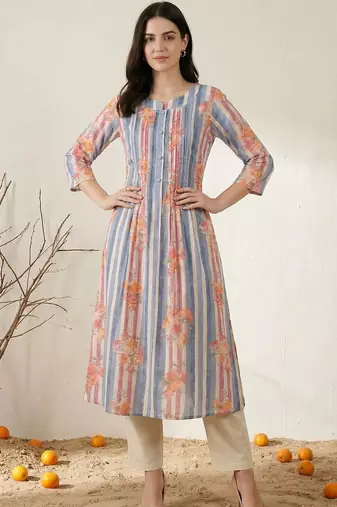 Women Printed Regular Beads and Stones Pure Cotton Kurta with Trousers