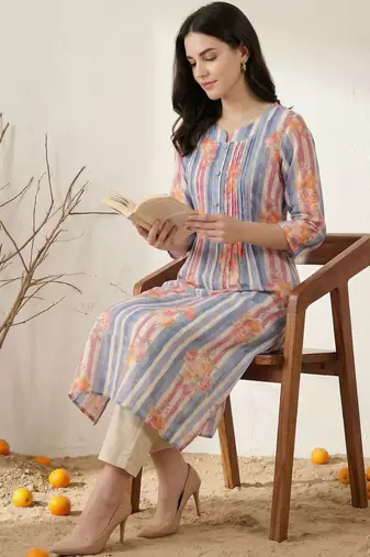 Women Printed Regular Beads and Stones Pure Cotton Kurta with Trousers