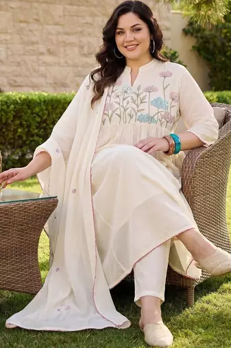 Plus Size Off White Embroidered Anarkali Kurta Trousers With Dupatta Set