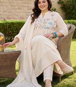 Plus Size Off White Embroidered Anarkali Kurta Trousers With Dupatta Set