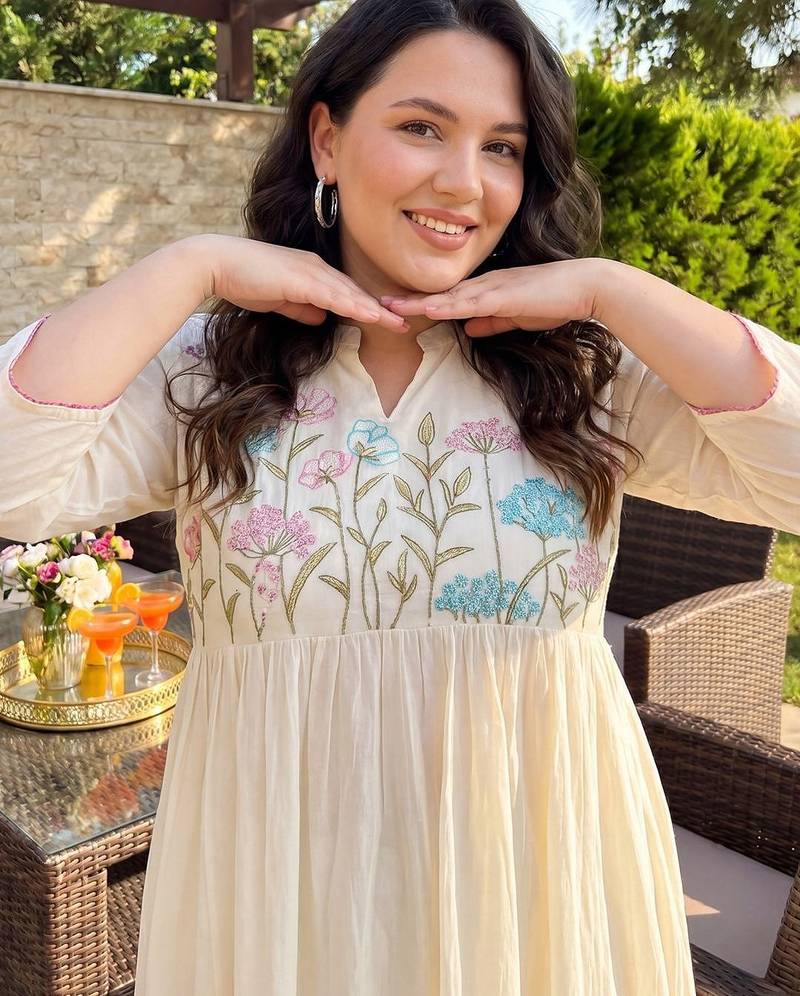 Plus Size Off White Embroidered Anarkali Kurta Trousers With Dupatta Set