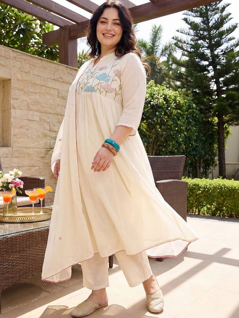 Plus Size Off White Embroidered Anarkali Kurta Trousers With Dupatta Set